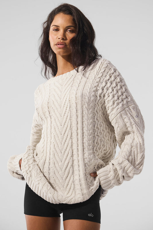 Cable Knit Crew Neck Sweater - Bone