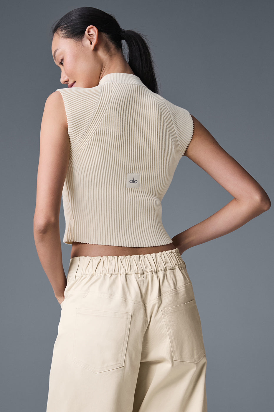 Denim Knit Sleeveless Full Zip Top - Oat Milk/Ivory