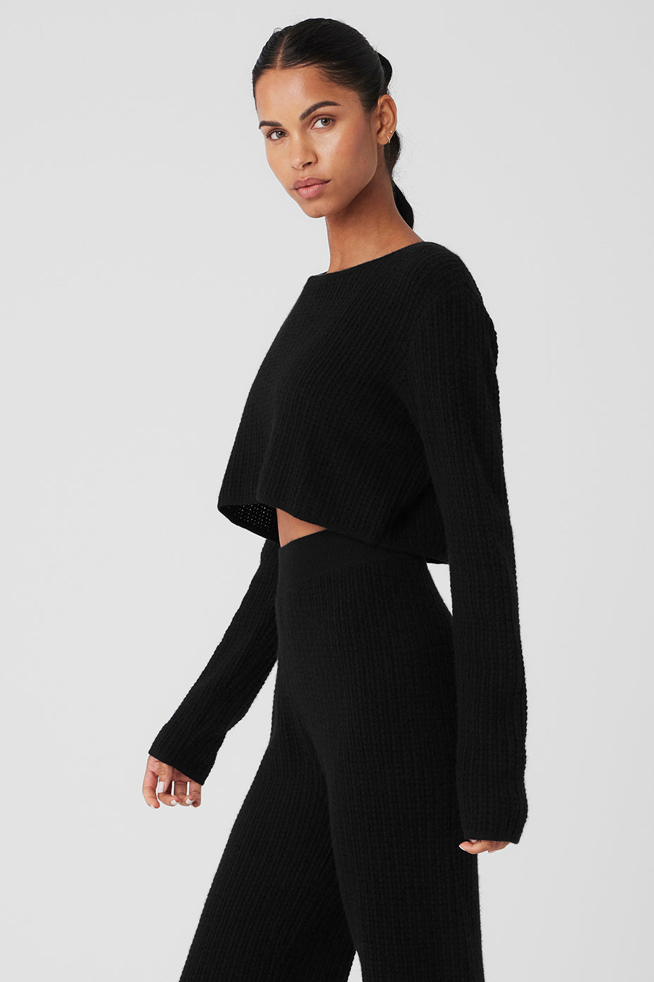 Cashmere Plush Waffle Cropped Long Sleeve - Black