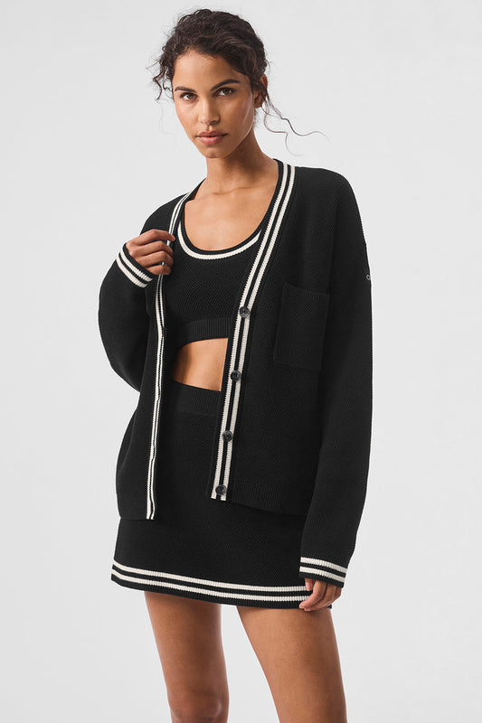 Tennis Club Sweater Knit Cardigan - Black/Ivory