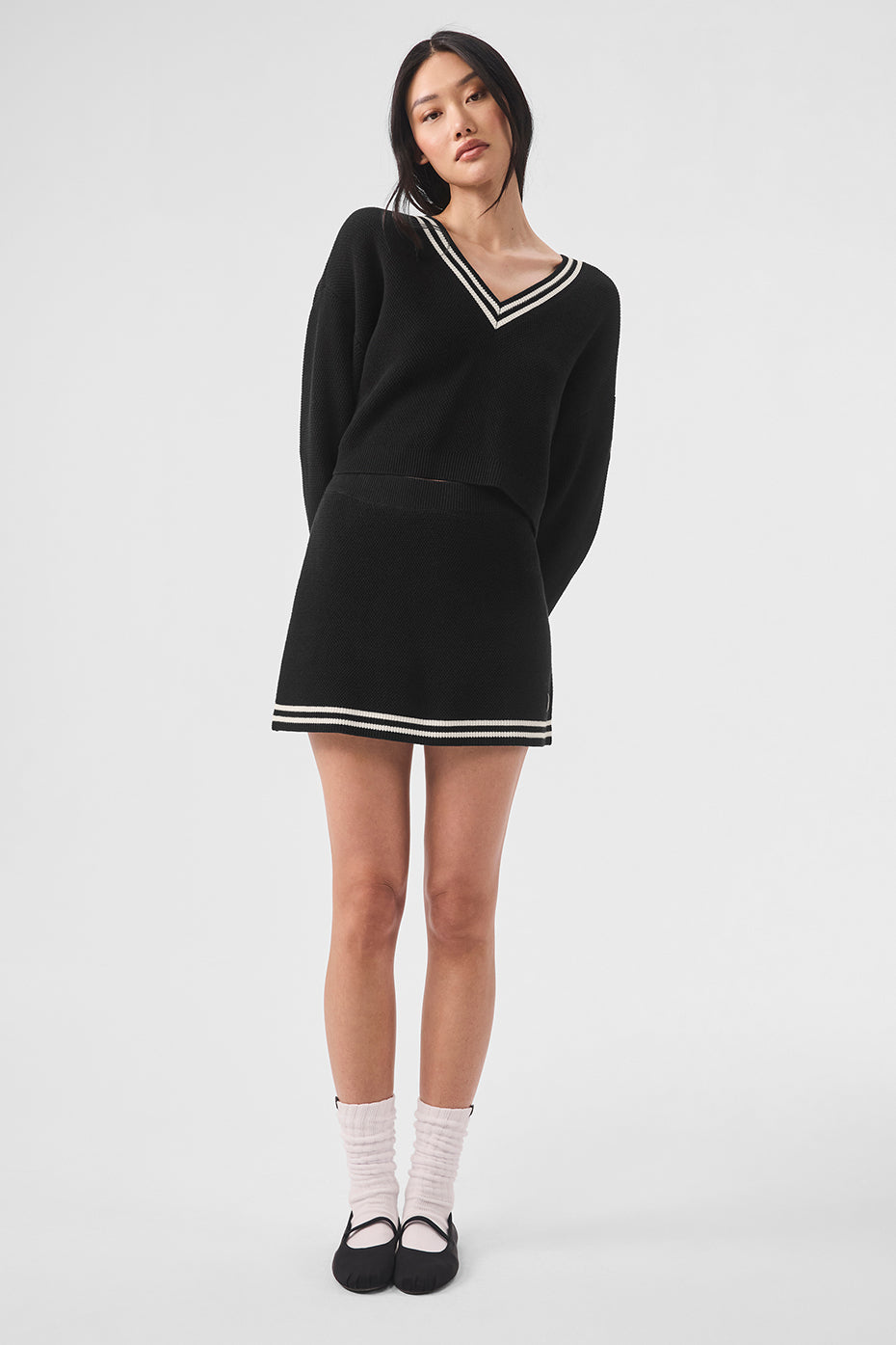 Tennis Club Sweater Knit V-Neck Pullover - Black/Ivory