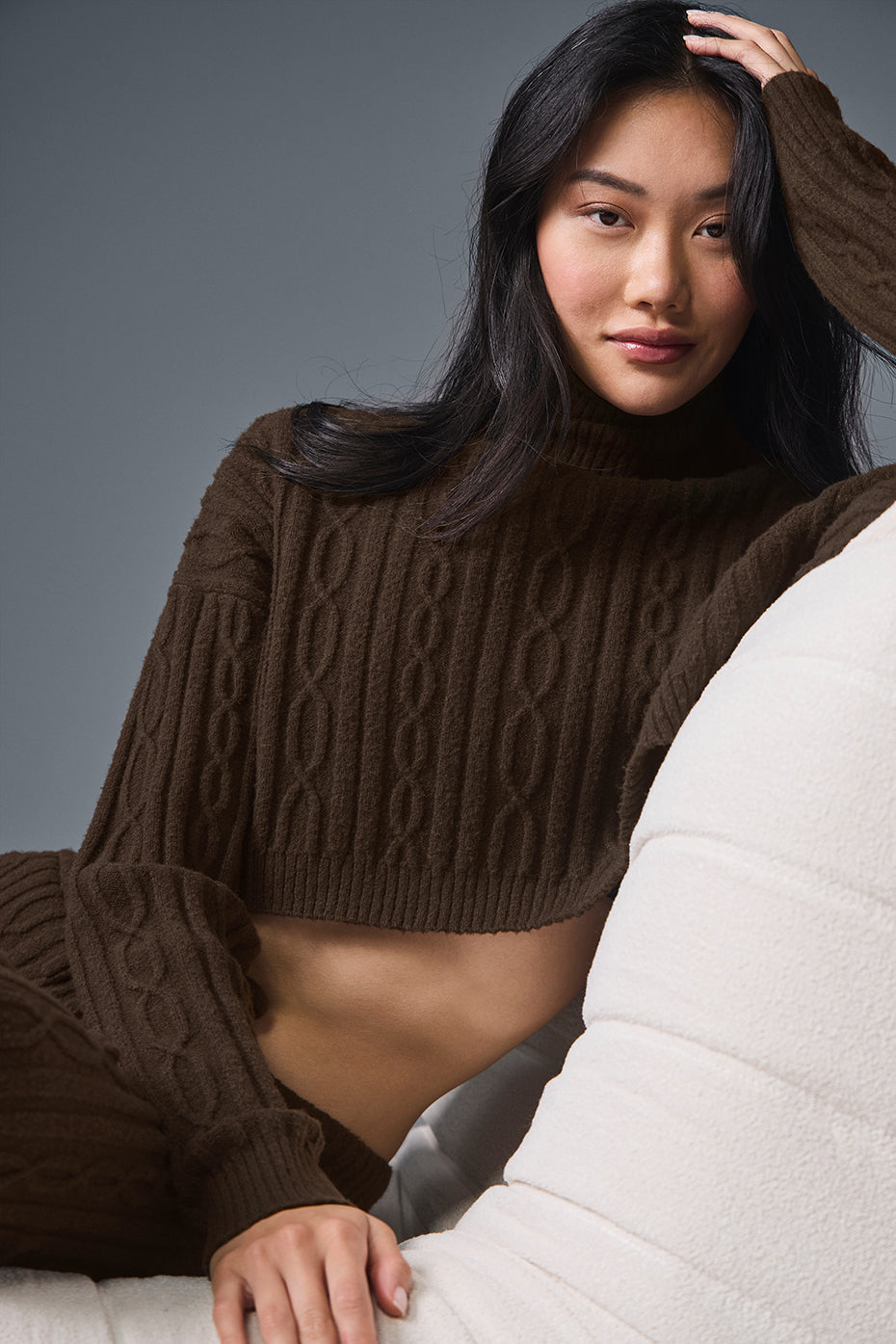 Cable Knit Cropped Winter Bliss Turtleneck Long Sleeve - Espresso