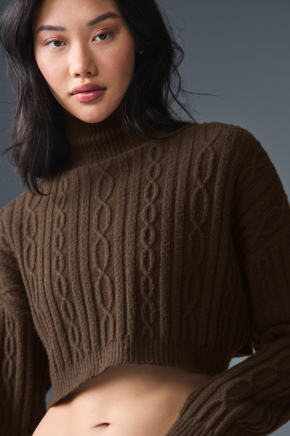 Cable Knit Cropped Winter Bliss Turtleneck Long Sleeve - Espresso