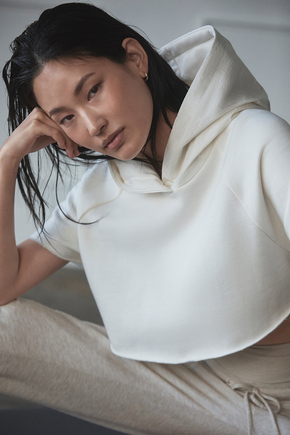 Cropped In The Air Short Sleeve Hoodie - Ivory