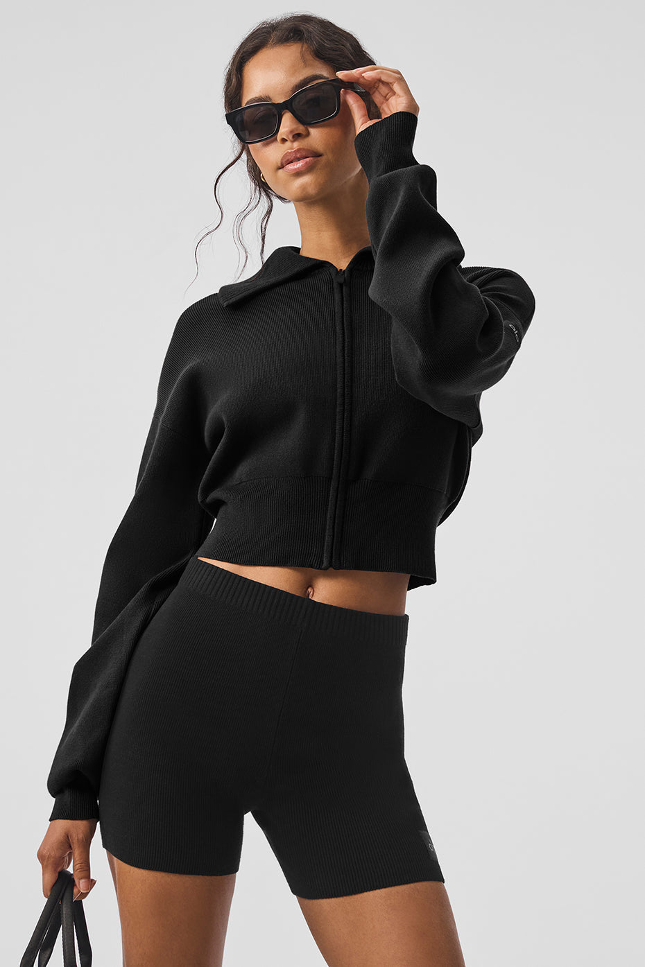 Scholar Knit Cropped Full Zip Jacket - Black