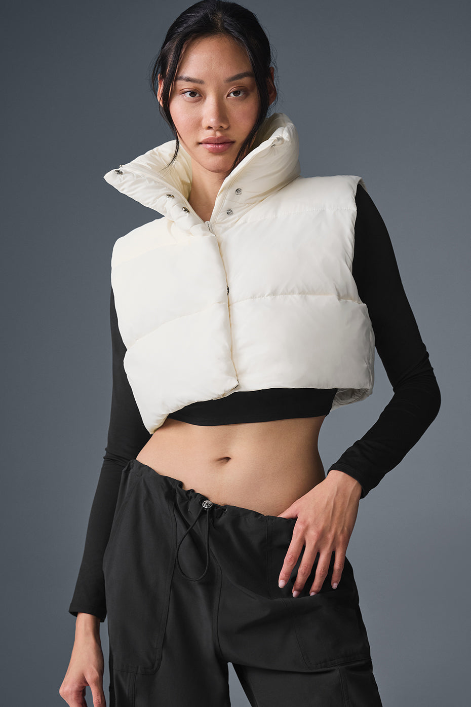 Cropped Gold Rush Puffer Vest - Ivory