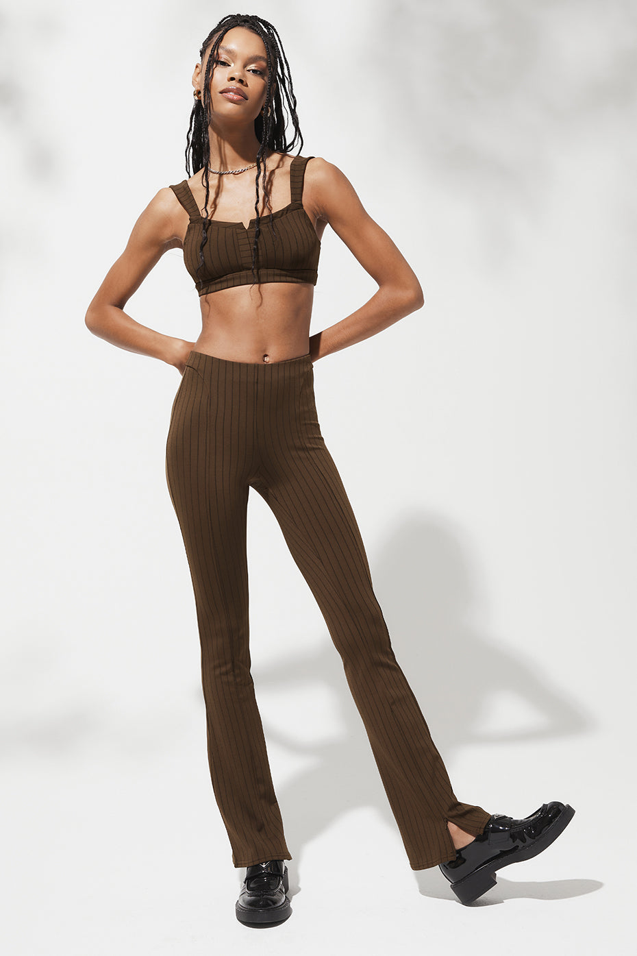 High-Waist Pinstripe Zip It Flare Legging - Espresso/Black