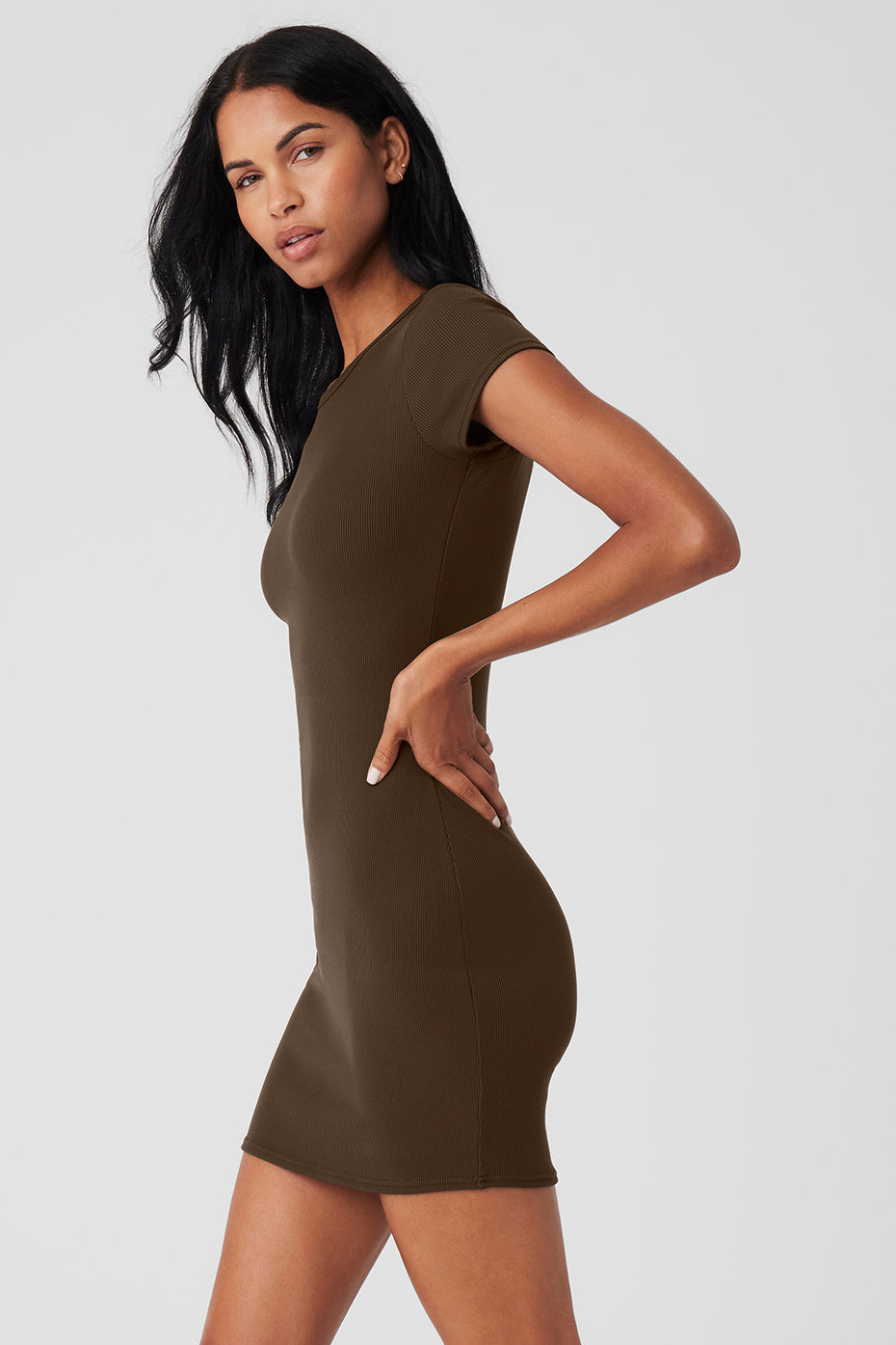 Goddess Ribbed Short Sleeve Dress - Espresso