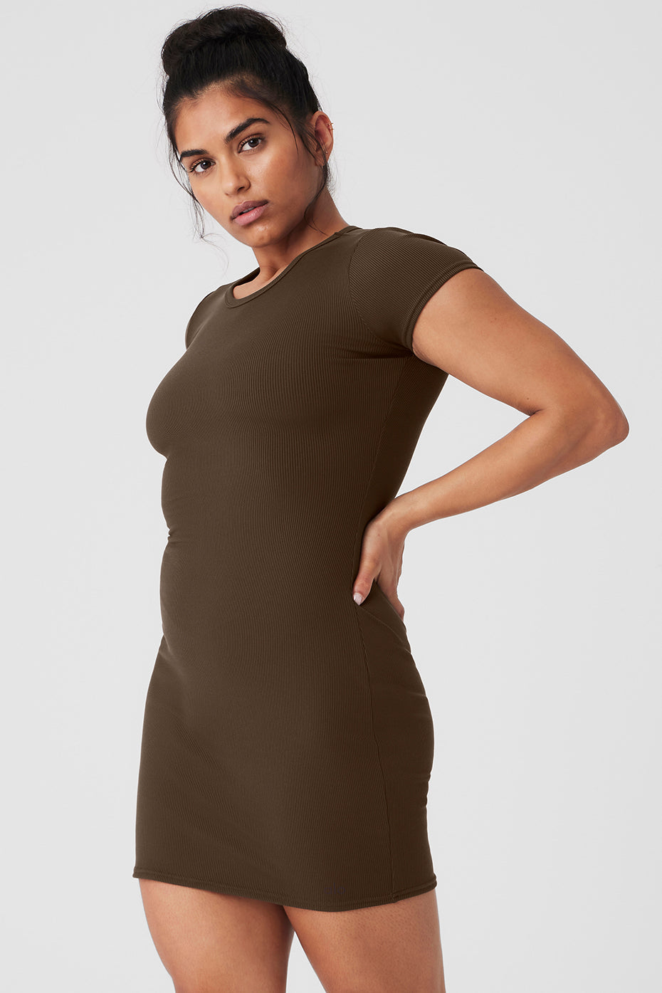 Goddess Ribbed Short Sleeve Dress - Espresso