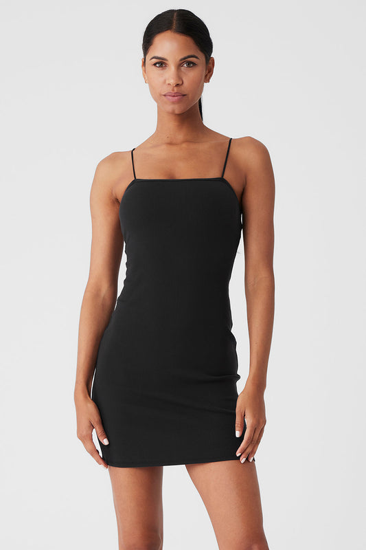 Goddess Ribbed Spaghetti Strap Dress - Black