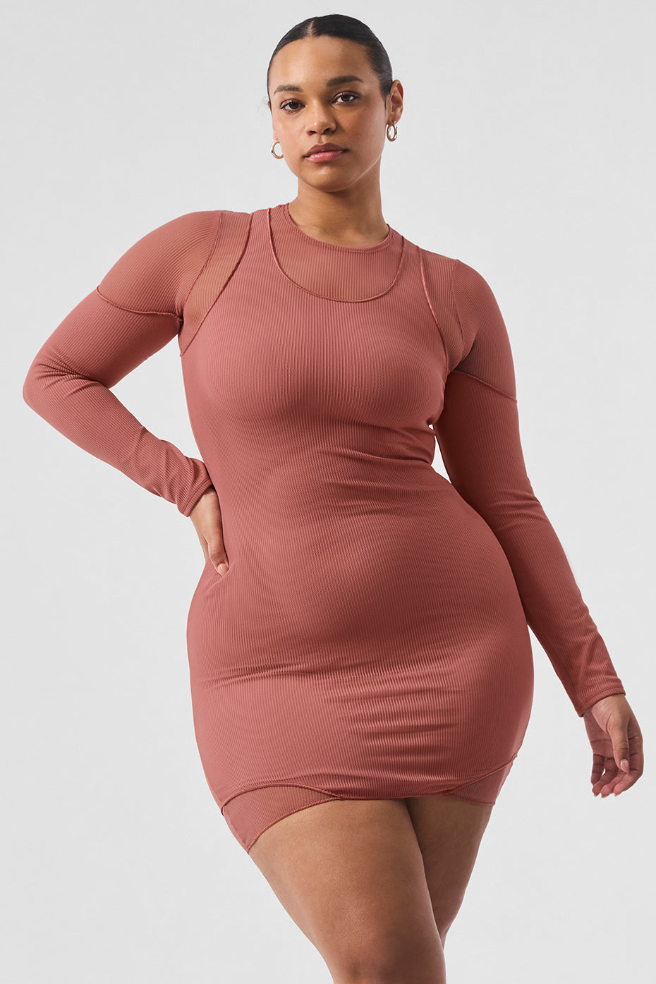 Striped Mesh Synergy Long Sleeve Dress - Soft Terracotta